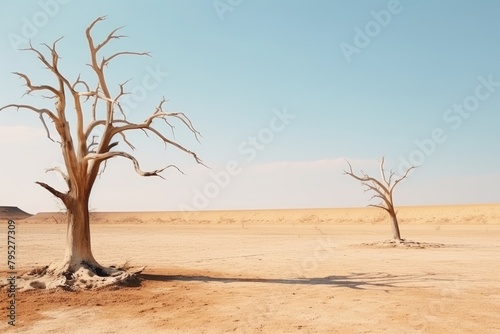 Bare, dead trees stand in stark contrast against the desert sands of Deadvlei in Namibia, conveying desolation. Desert Trees in Vast African Landscape