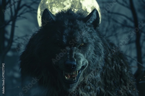 Werewolf in a dark forest, full moon in the background, fantasy concept.
