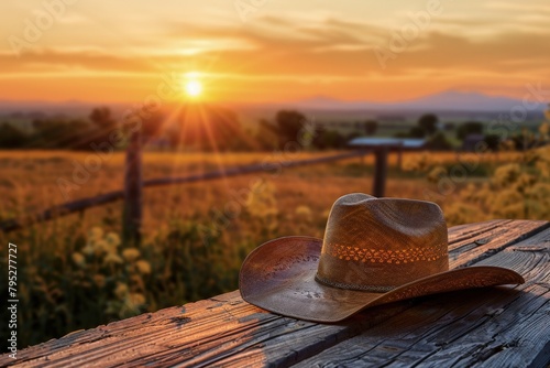 Cowboy hat on a wooden table on a farm, sunset in the background, country life concept.