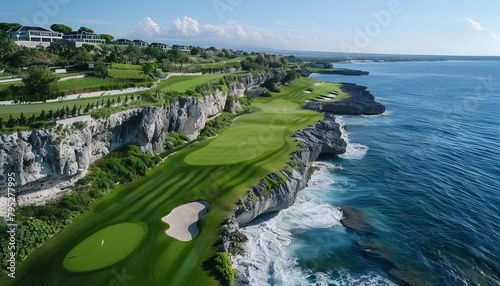 Picturesque golf course on clifftops with iconic rock arches, lush greens, and stunning ocean vistas photo