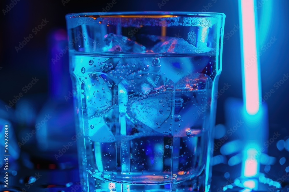 Glass cup with blue drink, background with blue neon light. Glass cup with blue drink, background with blue neon light.