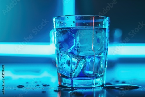 Glass cup with blue drink, background with blue neon light.