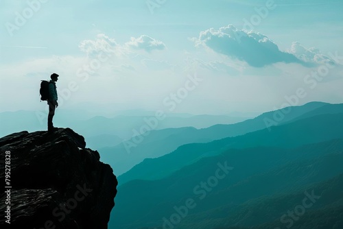 silhouette of a man standing on a rocky cliff overlooking a vast mountainous landscape © Lucija