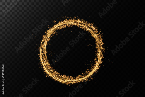 Magical fantasy portal. Round light frame, with fine dust particles, futuristic teleporter. Golden neon lights illuminate night scene with sparkles on transparent background. Lighting effect 