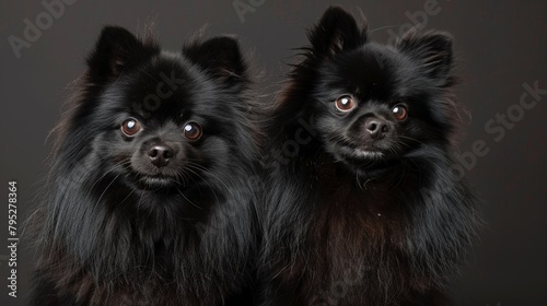 Two black dogs sitting together with fluffy coats and large eyes