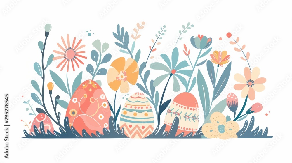 Colorful Easter eggs and flowers in a grassy field on a white background in the springtime