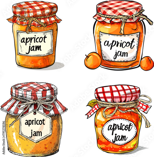 Jar of Apricot jam Color engraving raster illustration isolated on white background