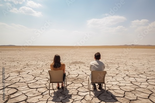A man and woman sit on chairs facing a seemingly endless, cracked desert, contemplating the vastness before them. Couple Contemplating Vast Desert Landscape photo