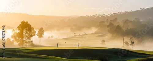 Two golfers on a golf course on a foggy day photo