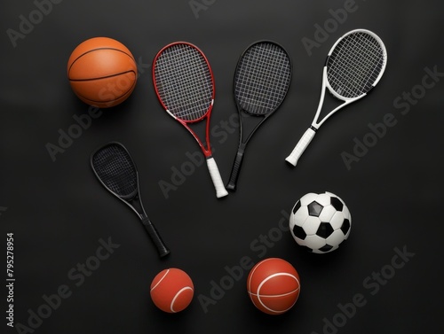Various sports equipment including tennis rackets, basketball, soccer ball, and tennis balls on a black background.
