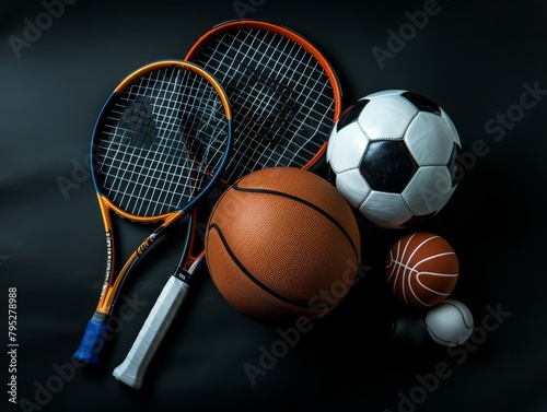 A variety of sports equipment including a tennis racket, basketball, soccer ball, and volleyballs.