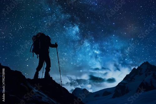 silhouette of hiker on mountain pass under starry night sky epic journey