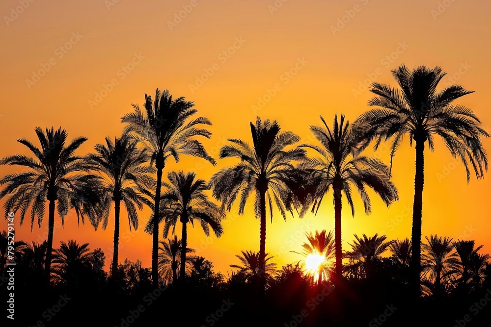 silhouette of palm trees against fiery orange sunset sky tropical paradise landscape
