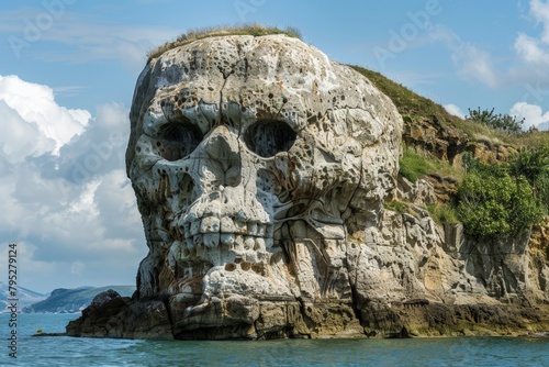 Stone hill in the shape of a giant skull on a pirate island, fantasy concept.