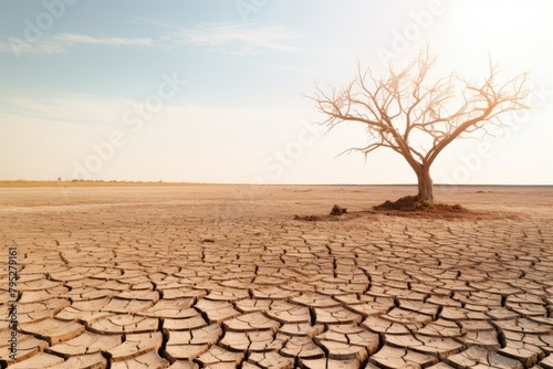 A single, leafless tree stands in the center of a cracked, barren landscape. Solitary Tree on Cracked Desert Ground photo