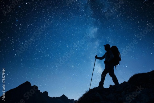 silhouette of hiker on mountain pass under starry night sky epic journey