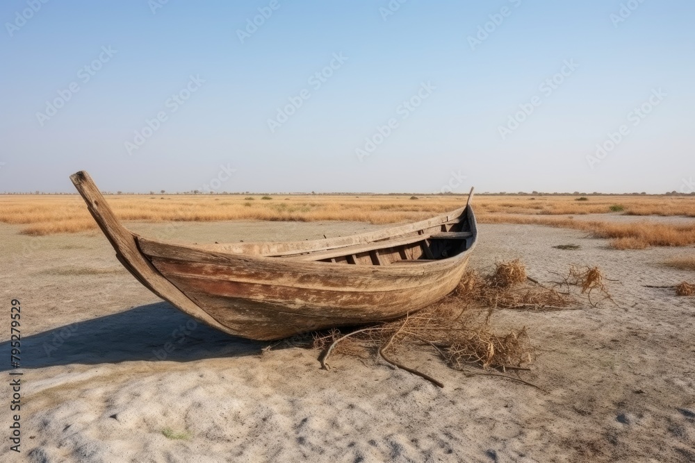 A solitary wooden boat abandoned on cracked, arid ground under a clear sky. Weathered Wooden Boat on Dry Land A solitary wooden boat abandoned on cracked, arid ground under a clear sky. Weathered Wooden Boat on Dry Land