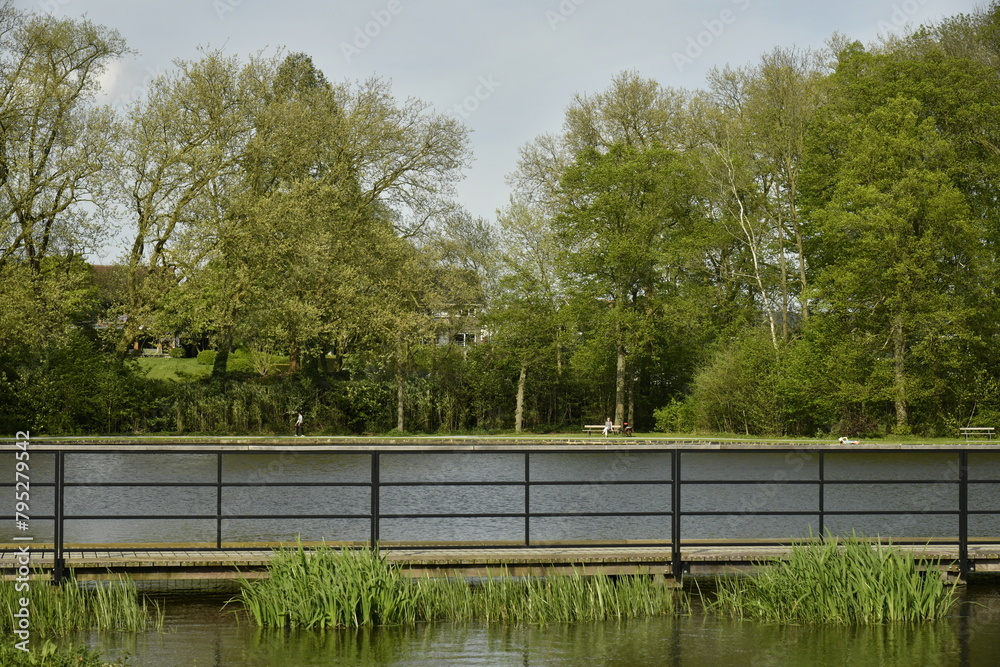 Fotografie Passerelle au raz de l'eau séparant l'étang principal et la partie biologique au