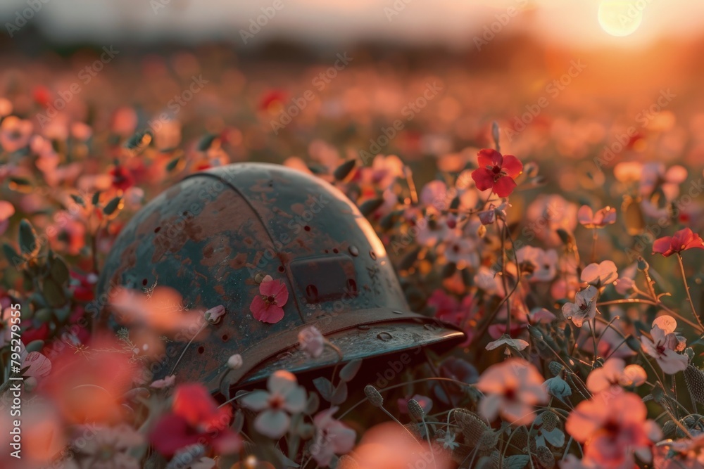 Old soldier helmet in the middle of beautiful flowers. Old soldier helmet in the middle of beautiful flowers.