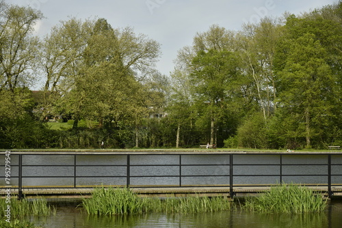 Passerelle au raz de l'eau séparant l'étang principal et la partie biologique au Vrijbroekpark à Malines  photo