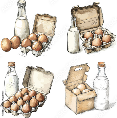 Color engraving raster Illustration set of Carton of milk next to eggs isolated on white background
