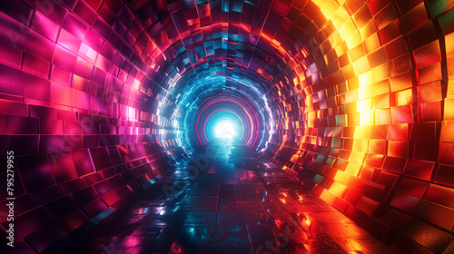 Abstract futuristic tunnel with colorful glowing lights and mosaic walls.