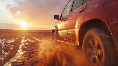 Red Truck Driving Down a Dirt Road