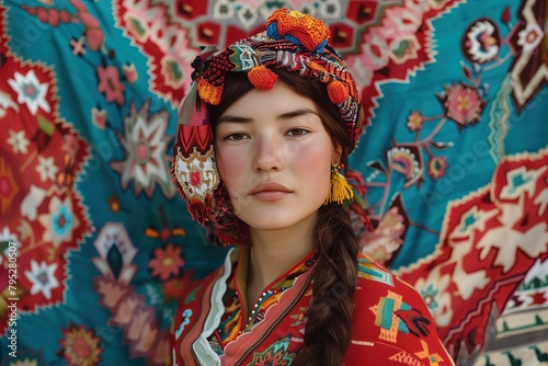 Youth of Kyrgyzstan. Chinese woman wearing headscarf posing among textile. Central Asia. Eastern motifs. Ethnos. Weaving. Young Kyrgyz lady wearing national dress and headwear. Uzbek ethnicity photo