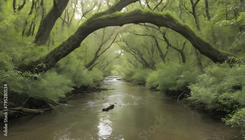 A canopy of trees arching over a babbling creek upscaled 3