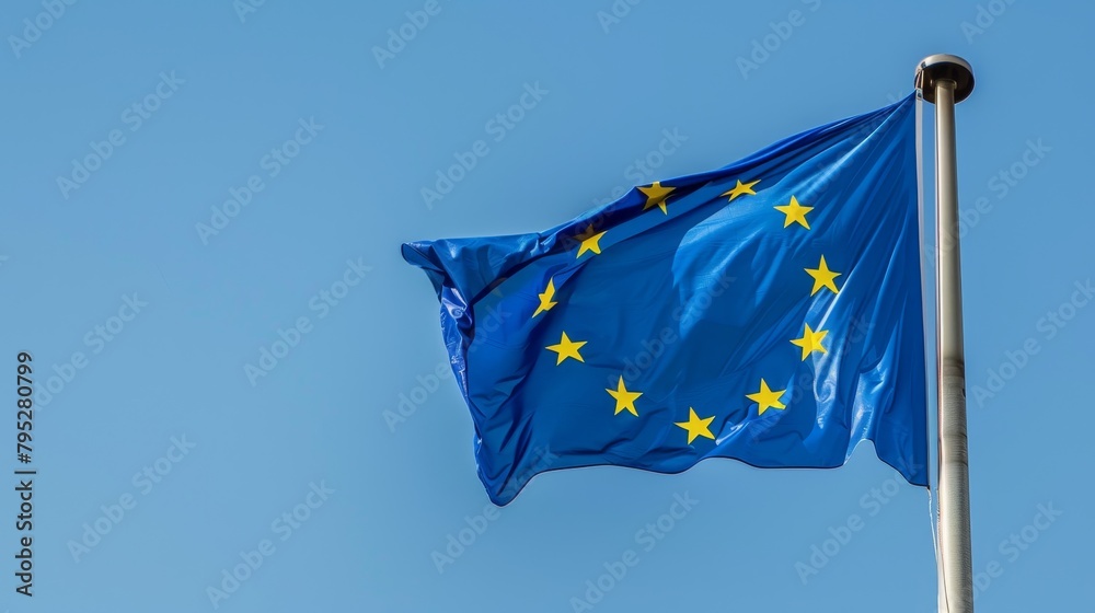 EU Flag Waving on Pole, Representation of European Solidarity