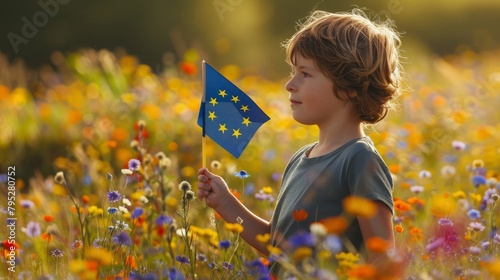 Child with EU Flag in Wildflower Field, Concept of European Unity and Future