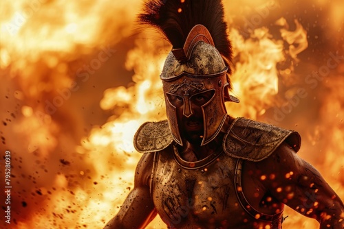 Spartan soldier emerging from fire.