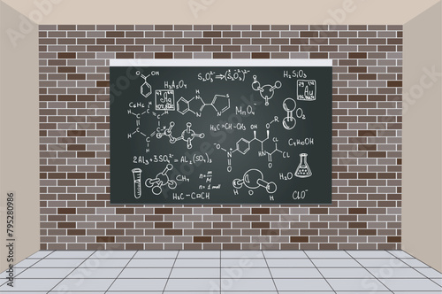 Chemical formula and outlines on blackboard. Vector doodle set. Education and scientific 3d background.