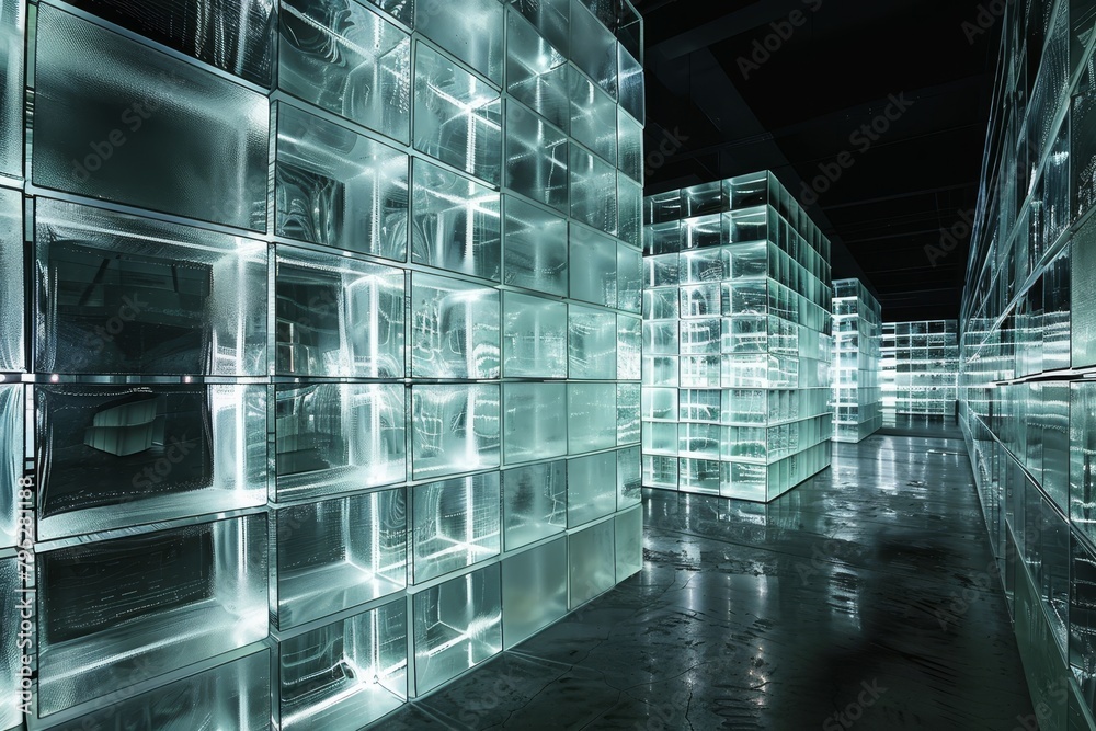 Illuminated Glass Cubes in a Dark Futuristic Setting