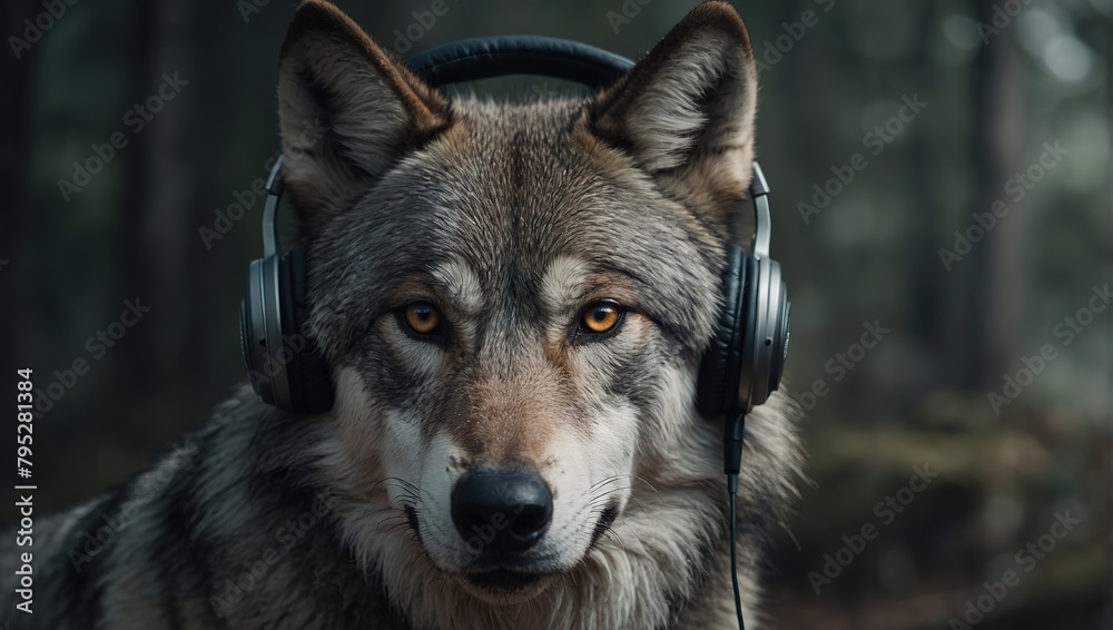 Create an eye-catching visual of a wolf with headphones,, and german sheperd Create an eye-catching visual of a wolf with headphones,, and german sheperd