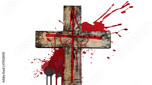 A wooden cross with a bloody design featuring a crosshairs with bullet holes.