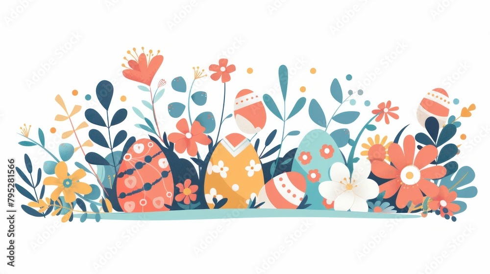 Colorful Easter Egg Surrounded by Spring Flowers and Decorative Objects on White Background