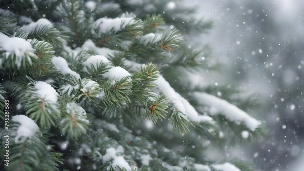 Snow covered fir tree branches. Winter background with snowflakes.