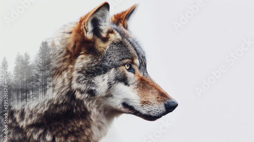 Lobo em dupla exposi    o com uma floresta no fundo branco 