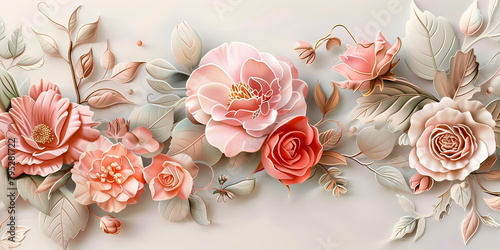 Beautiful soft floral background with dusty pink flowers on white background, Different colorful flowers on the white background in the style of dadaist photomontage