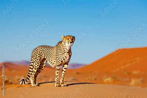 A majestic cheetah standing majestically in the desert, surrounded by vast sand dunes under clear blue skies. Generative Ai Image.