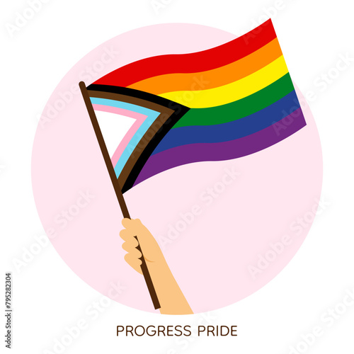 Hand holding rainbow progressive pride flag