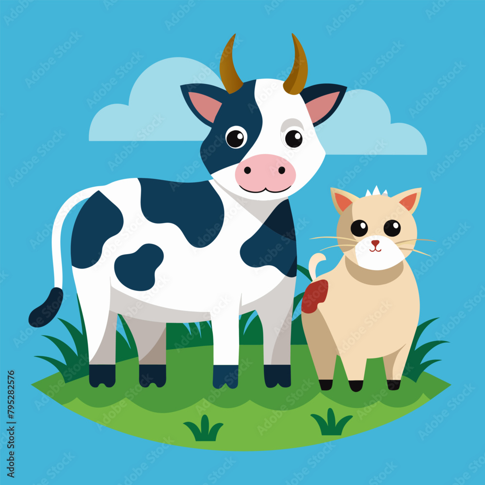 Naklejka premium Vector Art: Cute Cat and Cow Images