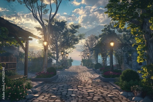 Scenery with trees, cobblestone streets, virtual world, game scene, fantasy concept.