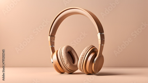 A pair of headphones with a tan color. The headphones are placed on a table. The headphones are designed to be comfortable and stylish