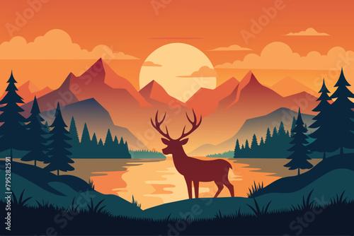 beautiful wildlife landscape with reindeer lake mountains and forest at sunset vector illustration