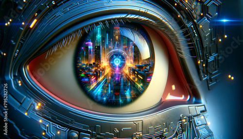 Vibrant cybernetic cityscape through a mechanical eye  merging blue and orange hues in a futuristic vision.