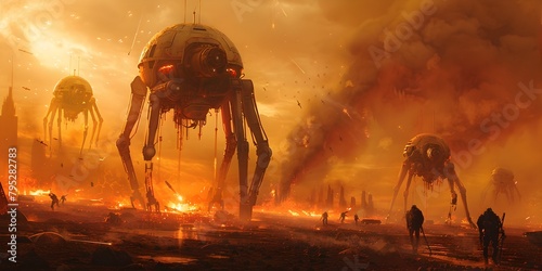 Robotic Invasion of Desolate Futuristic Landscape with Fleeing Human Survivor and Intense Battle