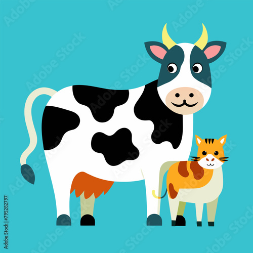 Vector illustration: Friendship between a cat and a cow
 photo