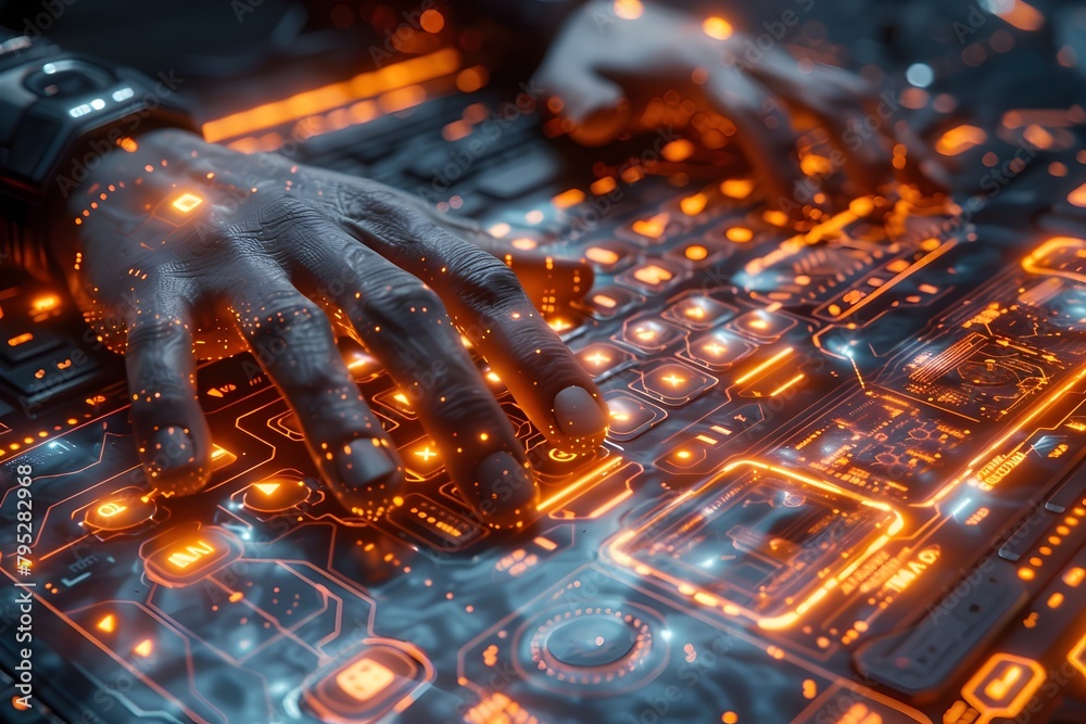 Skilled Hacker's Hands Operate Futuristic Modular Keyboard in Minimalist Hyper-Advanced Control Room with Pulsing Holographic Interfaces and Digital Skilled Hacker's Hands Operate Futuristic Modular Keyboard in Minimalist Hyper-Advanced Control Room with Pulsing Holographic Interfaces and Digital